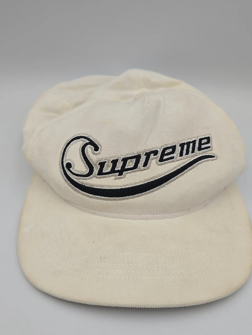 Supreme Cursive Logo White 5 Panel Corduroy Adjustable Snapback Hat